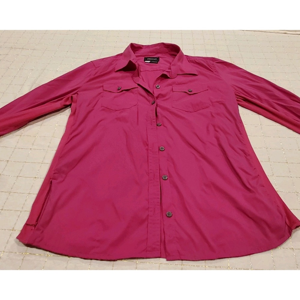 Marmot Women Sz L Hiking Button‎ Down Shirt Top Magenta Lightweight Zip Pocket